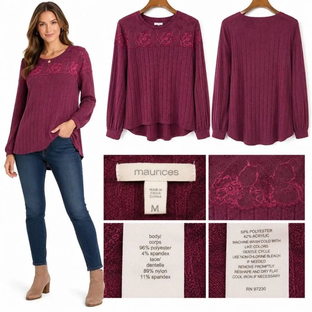 Maurices Burgundy Lace Rib Knit Top Medium
